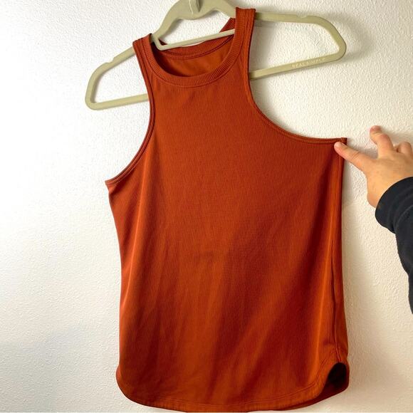 🍒 Nike Dri-fit Studio Ribbed Racerback Tank Top Small Rust Orange GUC Athletic - Picture 2 of 8